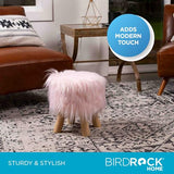 BIRDROCK HOME Small Faux Fur Foot Stool Ottoman – Upholstered Vanity Chair with Natural Wood Legs - Soft Compact Padded Seat or Accent Chair for Makeup Room, Living Room or Bedroom (Pink)