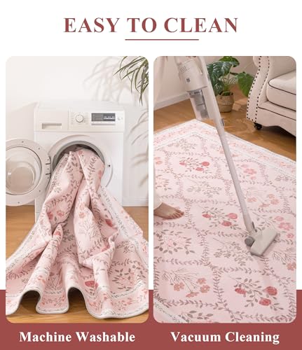 YIHOUSE 5x7 Pink Floral Rug for Bedroom Girls, Washable Area Rugs for Living Room Non Slip Ultra-Thin, Soft Throw Carpet for Nursery, Kids Playroom, Classroom, Home Office Decor