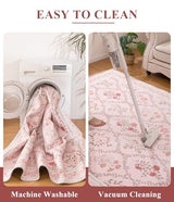 YIHOUSE 5x7 Pink Floral Rug for Bedroom Girls, Washable Area Rugs for Living Room Non Slip Ultra-Thin, Soft Throw Carpet for Nursery, Kids Playroom, Classroom, Home Office Decor