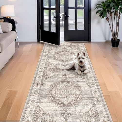 HAOYUNLAI Washable 4x10 Living Room Area Rug Beige Low‑Pile Bedroom Carpet
