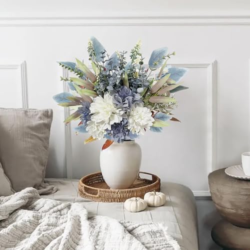 Artificial Flowers Bouquet, Silk Flowers Blue Fake Flowers Arrangement Faux Flowers for Home Decor, Vase Arrangement, Wedding Bouquets, Table Centerpieces Decor (Blue White No Vase)