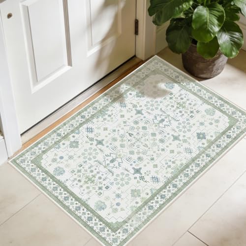 2x3 Area Rug Washable Entry Rug (Pale Sage Misty Blue)