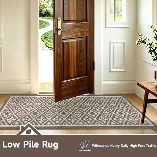 Hallway Runner Rug 2x10 ft,Washable Indoor Brown Entryway Carpet with Non Slip Rubber Backing,Low Pile Heavy Duty Kitchen Floor Mat for Entrance & High Traffic Areas