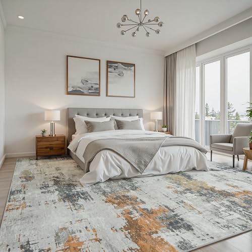 10x14 Area Rugs for Living Room: Washable Soft Grey Abstract Bedroom Carpet