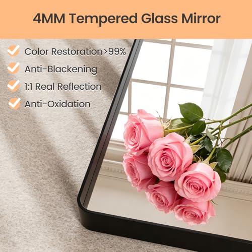 JISOSO Black Bathroom Mirror Wall Mounted Vanity Mirror with Rounded Corner Metal Framed, Tempered Glass, Anti-Rust(Horizontal/Vertical), 22 x 30 Inch