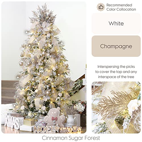 Sea Team 24-Pack Artificial Glitter Pine Tree Twig Ornaments, Decorative Sticks, Glittery Stems, Picks, Branches for Christmas Tree, Small Vase, Holiday, Wedding, Party (14 Inches, Champagne)