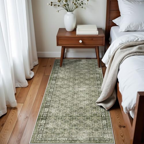 Washable 2x6 Runner Rug for Kitchen: Easy-Clean Carpet with Non-Slip Backing for Bedroom Entryway Stain-Resistant Shedding-Free Floor Mat – Perfect for High-Traffic Areas with Pets (Green,2x6)