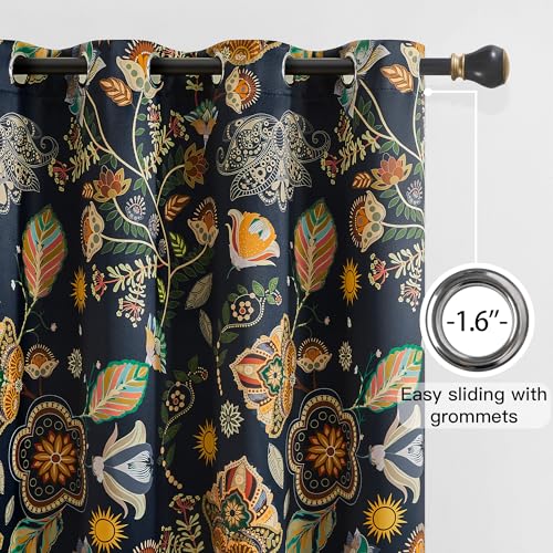 XiDi Navy Blue Vintage Floral Patterned Blackout Curtains Boho 84 Inches Long for Living Room Bedroom 2 Panels Thermal Insulated Luxury Modern Dark Botanical Printed Curtains Grommet Drapes 52x84