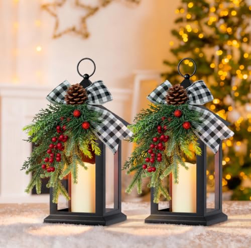Christmas Decorative Lantern with LED Candle – Black Lantern with Pinecones, Black Bow – Battery Operated Christmas Table Centerpiece for Indoor Decor(2pack)
