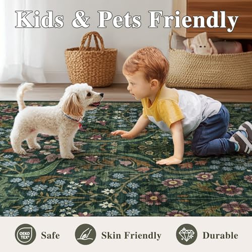 4x6 Washable Area Rug Green Boho Floral for Bedroom Entryway Office Porch