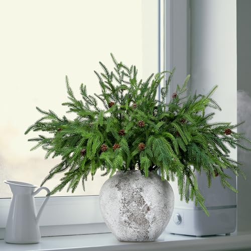 Yinder Xmas Norfolk Pine Branches with Pine Cones Norfolk Pine Artificial Xmas Branches for Xmas Indoor Outdoor Home Decor(16 Pcs)