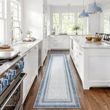 Bordered Design Hallway Runner Rug, Ultra Thin 2.5x10, Blue Printed Kitchen Rug with Rubber Backing for Bathroom, Bedroom, Stairway