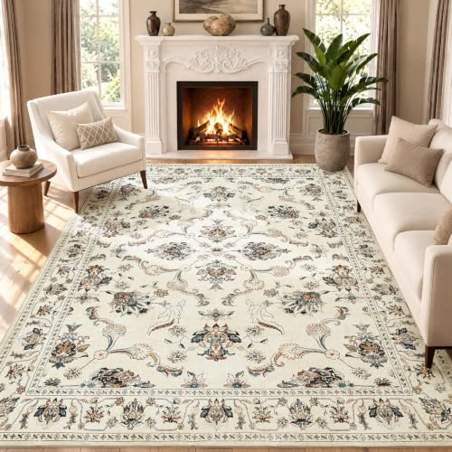 JINCHAN 8x10 Traditional Floral Area Rug, Large Washable Rug, Beige Slate
