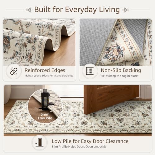 jinchan 3x10 Traditional Floral Rug, Washable Rug Runner, Beige Slate