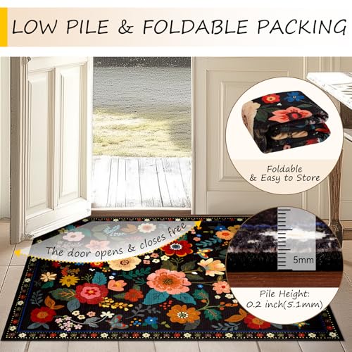 RELEANY Floral 5x7 Area Rugs Washable Print Boho Cute Carpet Non Slip Flower Low Pile for Living Room Bedroom Kitchen Office Farmhouse-Black