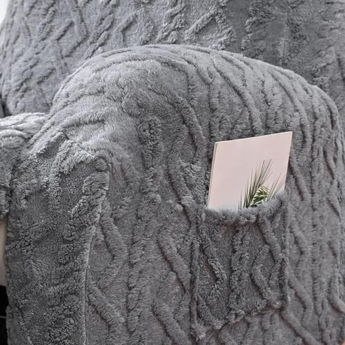 6 Pieces Oversized Recliner Chair Covers Geometric Jacquard Plush Slipcovers Sofa Covers Soft Fuzzy Fluffy Anti-Slip Furniture Protector for Kids Elastic Bottom (Gray, Oversized Recliner Loveseat)