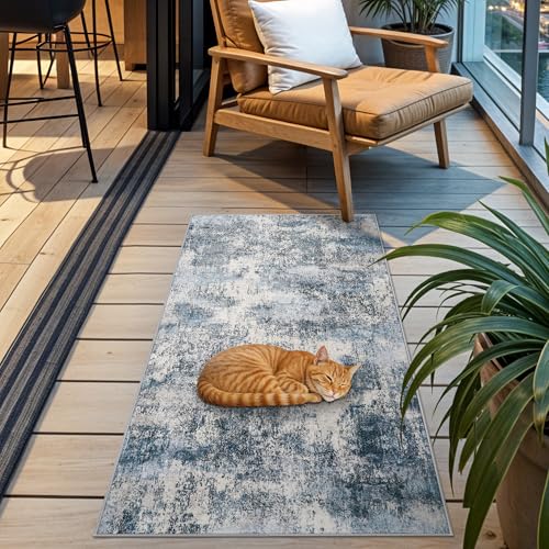 2x4 Rug for Entryway Washable: Non Slip Abstract Runner for Kitchen Blue