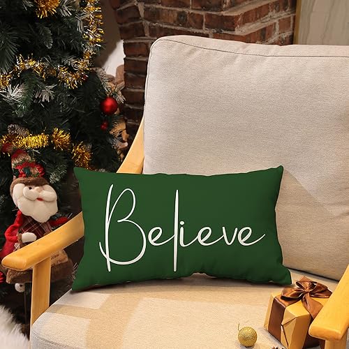 DFXSZ Christmas Throw Pillow Covers 12x20 Inch Set of 2 Merry Christmas Farmhouse Decorations Believe Holiday Decor Throw Cushion Case for Home Couch