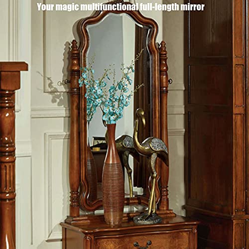 Solid Wood Dressing Mirror Home Floor Mirror Classical Dressing Mirror European Style Retro Bedroom Storage with Pumping Full-Length Mirror