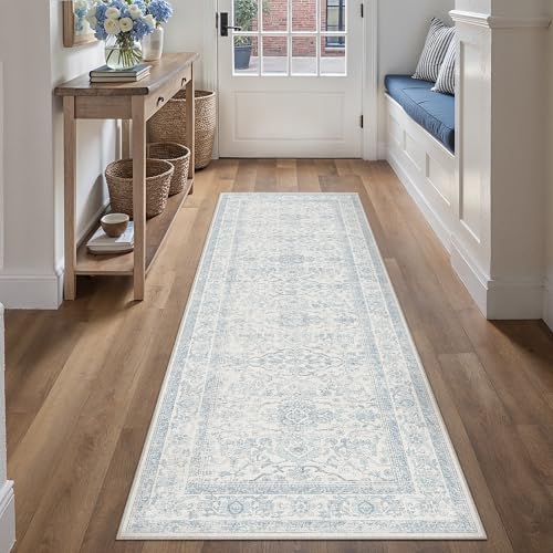 HUGEAR 2x6 Runner Rug Hallway Retro Light Blue Machine Washable Vintage Floral Low Pile Carpet Vacuumable Distressed Long Throw Rug Kitchen Bedroom Laundry Office Bathroom Non Slip Soft Lightweight