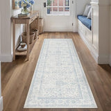 HUGEAR 2x6 Runner Rug Hallway Retro Light Blue Machine Washable Vintage Floral Low Pile Carpet Vacuumable Distressed Long Throw Rug Kitchen Bedroom Laundry Office Bathroom Non Slip Soft Lightweight