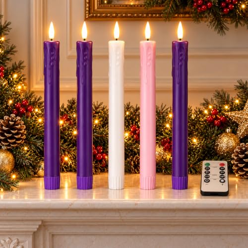 Christmas Flameless Advent Candles, Taper Church Christian Decor, Real Wax