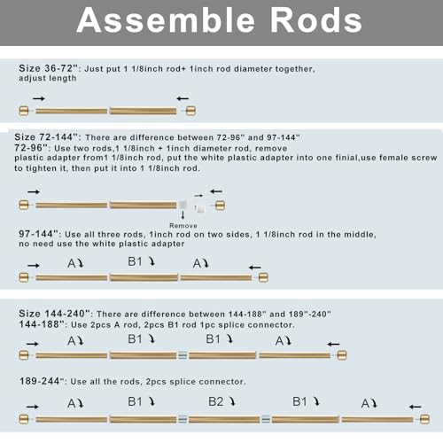 Heavy Duty Curtain Rods, 1 1/8 Inch Diameter Single Curtain Rod 144-240Inch(12-20ft) Extendable Length for Large Windows with End Caps Adjustable Modern Brackets-Warm Gold