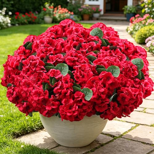 6 Bunches UV Resistant Red Artificial Flowers Geraniums – Lifelike Silk Fake Flowers for Outdoors | No Fade, No Watering, Full & Bigger Heads for Garden, Patio, Balcony, Porch Decor
