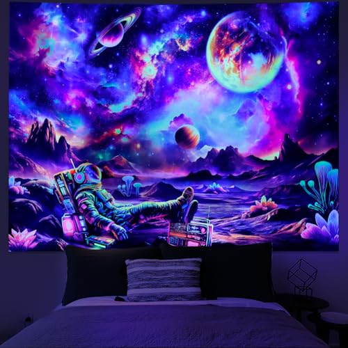 Ameyahud Blacklight Astronaut Tapestry UV Reactive Galaxy Space Tapestry Glow in The Dark Trippy Universe Planet Tapestries Neon Starry Sky Wall Hanging Decor for Home