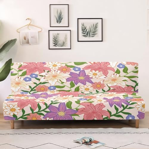 Armless Sofa Covers Elastic Futon Cover Non Slip Futon Sofa Slipcover with Elastic Bottom Stain-Resistant Pet Friendly Furniture Protector for Cats Dogs, Lily Floral Pin Violet
