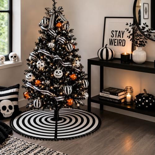 MACTING Christmas Black and White Tree Skirt, 30 Inch Annual Rings Tree Mat with Pom Poms for Xmas Tree Halloween Indoor Home Holiday Party Christmas Decorations