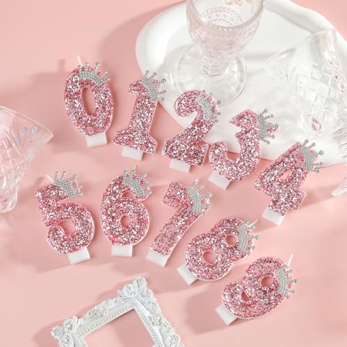PHD CAKE Birthday Number Candles,Pink Crown Birthday Candles for Cake,Glitter Number 4 Candle Cake Topper with Sequins for Girls,Women, Anniversary Celebrations Supplies