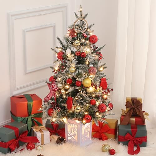 3 Ft Pre-Lit Christmas Tree, Artificial Christmas Trees with Lighting Snowflake Base, Snow Flocked Xmas Trees with 70 LED Lights, Battery Operated and Timer Function, Christmas Decoration for Home