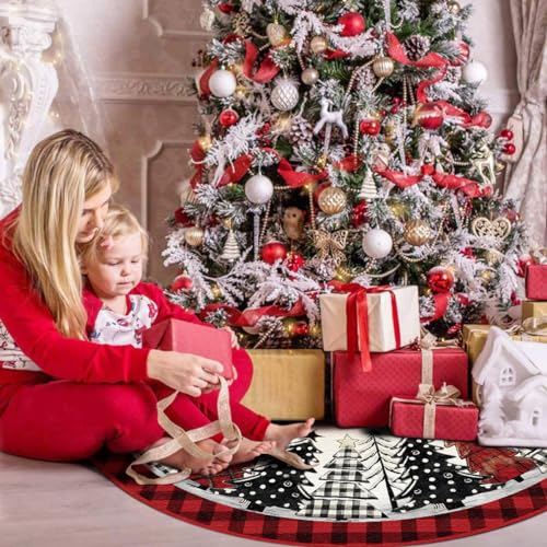 Christmas Tree Skirt 48 Inch, Red and Black Buffalo Plaid Xmas Tree Skirt, Winter Christmas Tree Mat for Home Party Holiday Indoor Outdoor Decorations