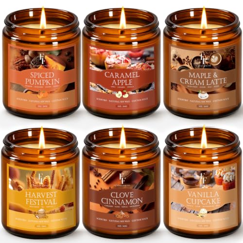 Fall Candles Set, 6 Pack Candles for Home Scented Natural Soy Wax, Autumn Gifts Set for Women Men, Fall Fragrance of Pumpkin/Cinnamon/Vanilla Cupcake/Apple/Harvest/Latte