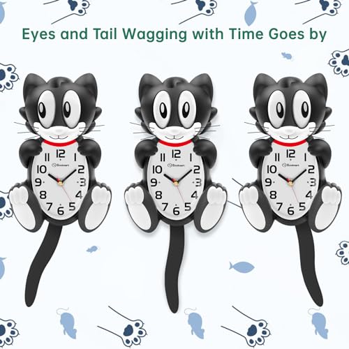 Soobest 18 Inch 3D Large Cat Wall Clock Battery Operated Silent Non Ticking with Moving Eyes and Pendulum Tail, Retro Kids Analog Wall Clock for Gift Decor Black