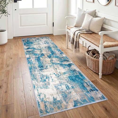 KOZYFLY Modern Runner Rug 2x6 Washable Turquoise/Beige/Grey/Yellow
