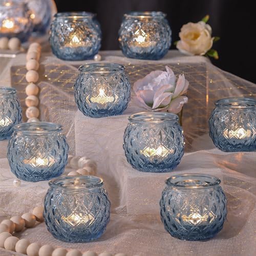 12 Pcs Blue Votive Candle Holders Round Glass Candle Holders Bulk