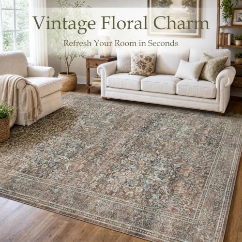 JOLLYVOGUE 3x5 Washable Rug, Vintage Floral Area Rug, Vintage Brown
