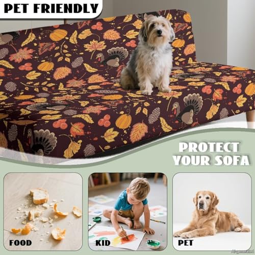 Thanksgiving Turkey Maple Futon Slipcover Armless Futon Bed Covers Stretch Furniture Protector Without Armrests with Elastic Bottom for Kids,Pets