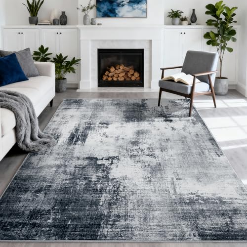 Area Rug 5x7 Living Room Rugs, Modern Abstract Washable Rug,Non-Slip Stain Resistant Carpet for Entryway Bedroom Dining Room Farmhouse Nursery Home Office-Abstract Blue Gray