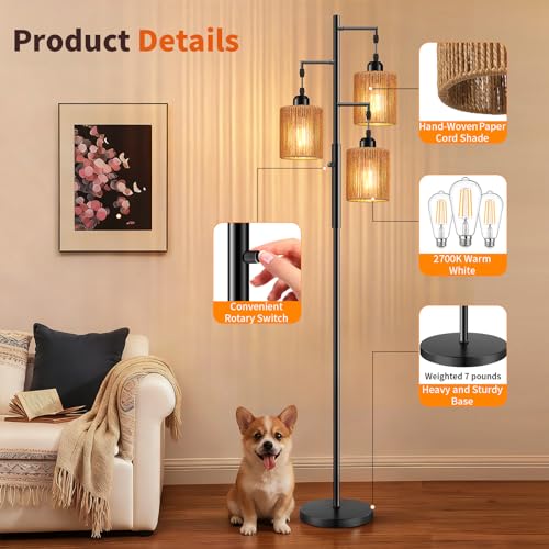 Hotsonic 72" Tall Boho Rattan Style Floor Lamp with Hand-Woven Paper Cord Shade, Dimmable Industrial Tree Standing Lamp for Living Room, Bedroom, Study Room, Office (3 x 800LM Bulbs Included) - Black