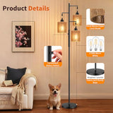 Hotsonic 72" Tall Boho Rattan Style Floor Lamp with Hand-Woven Paper Cord Shade, Dimmable Industrial Tree Standing Lamp for Living Room, Bedroom, Study Room, Office (3 x 800LM Bulbs Included) - Black