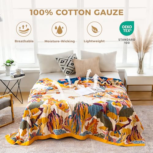 LUTBM Boho Throw Blanket for Couch 100% Cotton Soft Breathable Butterfly and Floral Embroidery Summer Throw Blanket,50"x60" All Season Reversible Throws for Sofa Chair Bohemian Decor for Livingroom