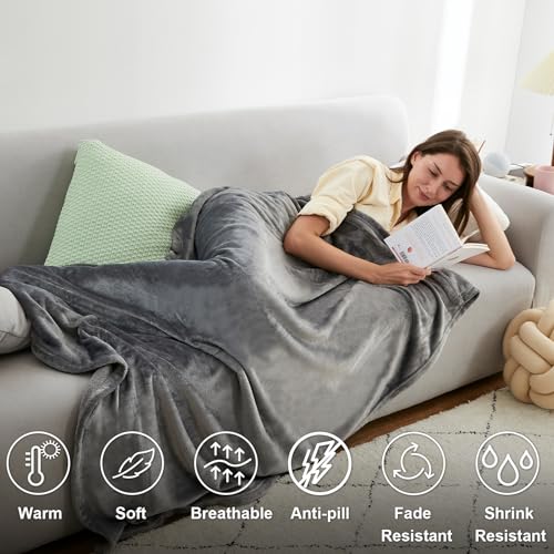 Hansleep Fleece Grey Throw XL Blanket, Super Soft Flannel Fuzzy Plush Cozy Blanket for All Seasons, Grey, Throw XL 50x70 Inches