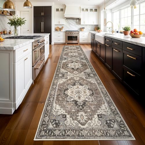 Washable Kitchen Runner Rug - 3x14 Hallway Rug Distressed Mats Non-Slip Soft Room Floor Carpet for Dining Room (Beige,3x14)