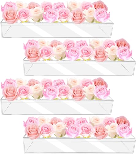 4Pcs Acrylic Flower Vase with 64 Holes,63 inch Decorative Long Clear Vase Modern,Rectangular Acrylic Vases Clear Floral Centerpiece for Dining Table Reception Home Party Decorations