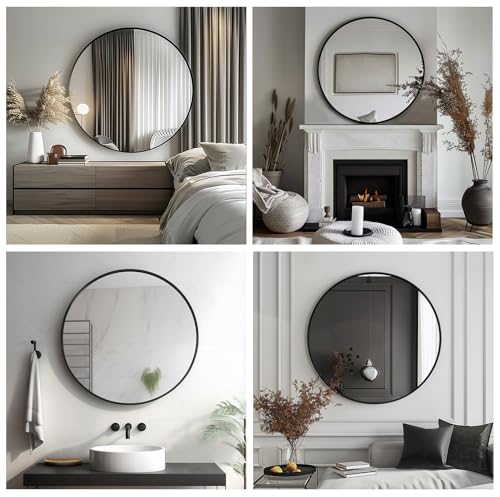 Sunniry Black Round Mirror, Round Mirror 24 inch, Black Circle Mirrors Matte Metal Frame, Wall Mounted Mirrors for Living Room, Bathroom, Wall, Entryway.