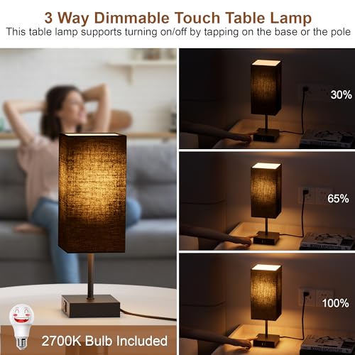 Table Lamp for Bedroom, 3 Way Dimmable Touch Bedside Lamp, Small Lamp with 2 USB C+A Charging Ports, Black Nightstand Lamps for End Table, Living Room, Desk, Bulb Included