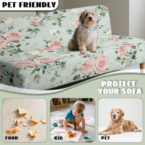 Pink Rose Futon Couch Cover Full Size Light Green Couch Slipcovers Without Armrest Easy Going Stretch Sofa Covers for Living Room